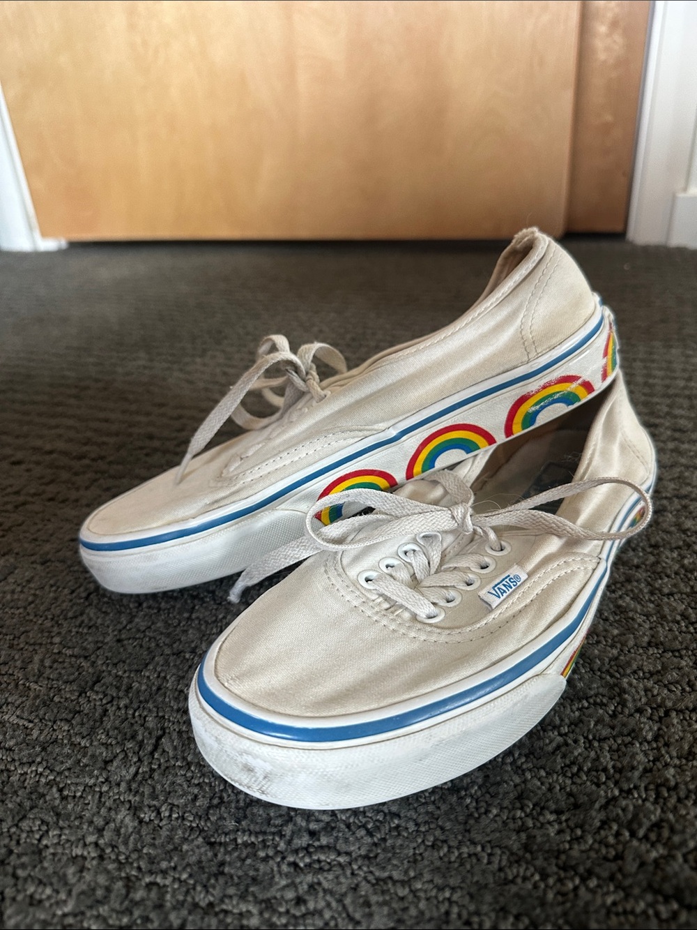 Vans Cream Canvas Sneakers with Rainbow Side Stripes